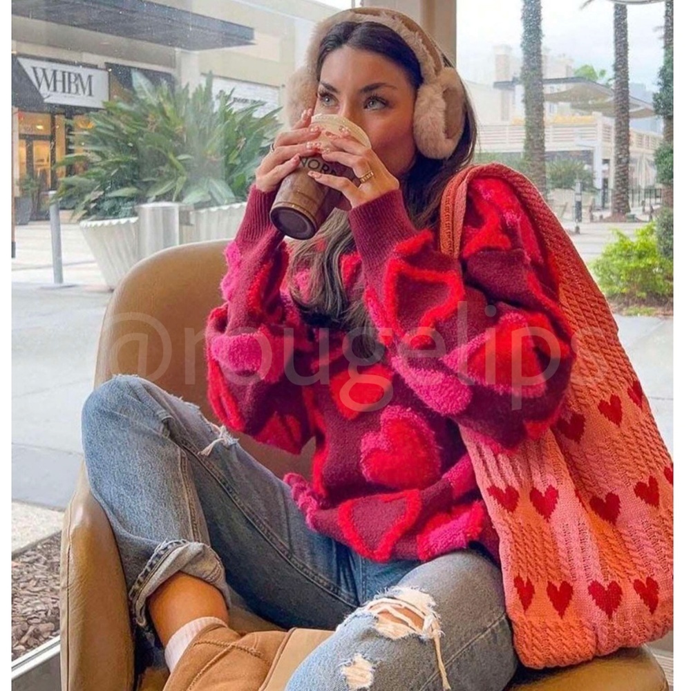 Red Pink Hearts Terry Cloth Texture Pullover Sweater Stretchy Long Sleeve